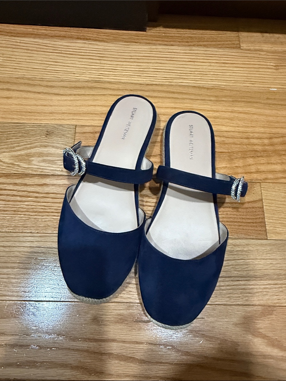 Stuart Weitzman Navy Suede Espadrille Slide with Crystal Buckle
